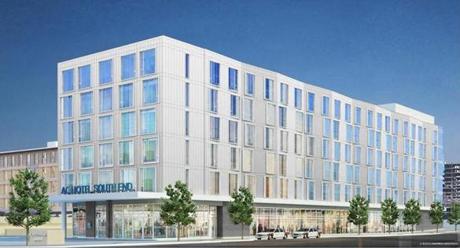 A rendering shows a 200-room AC Marriott Hotel to be built on Albany Street in Boston's South End.
